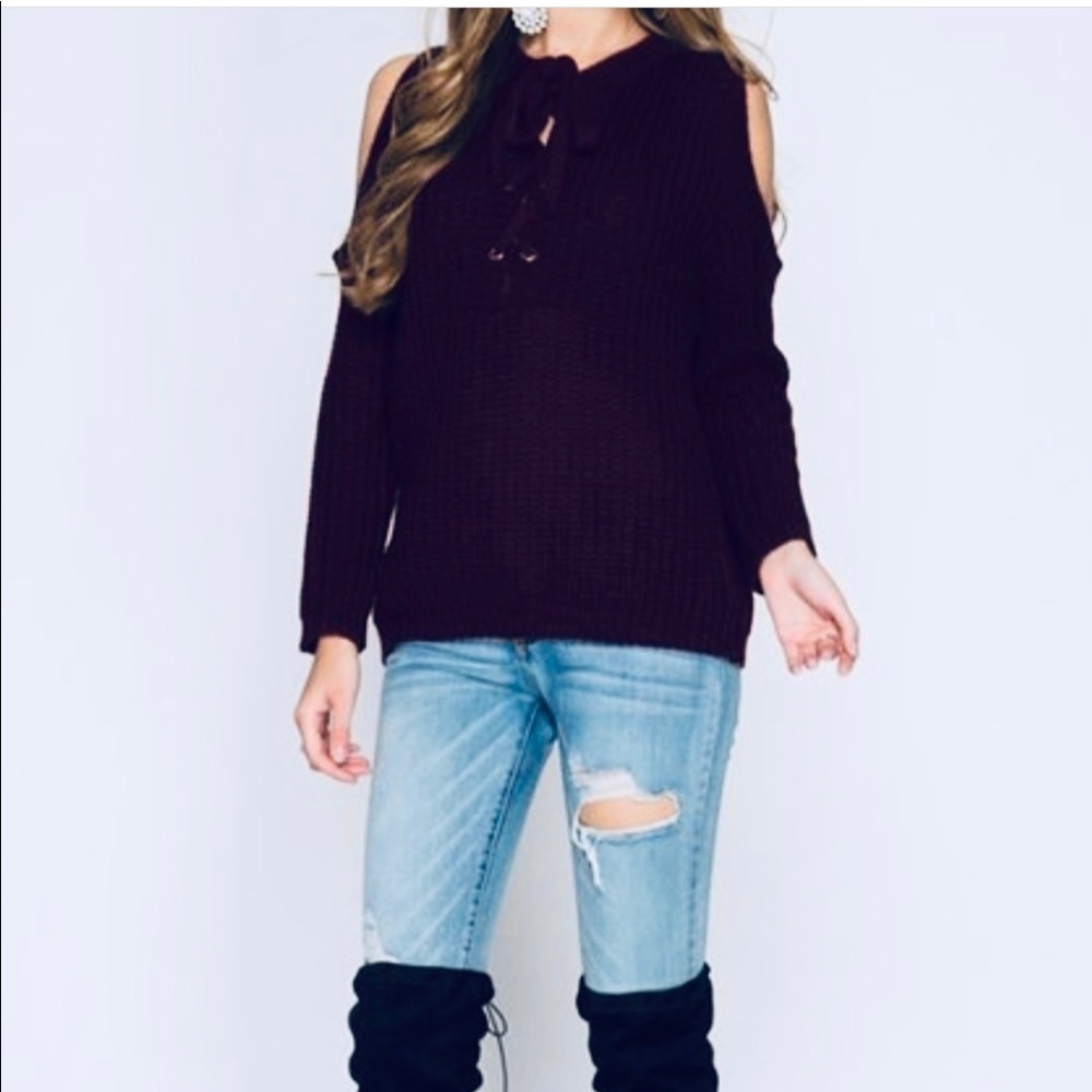 Black cold shoulder lace up sweater